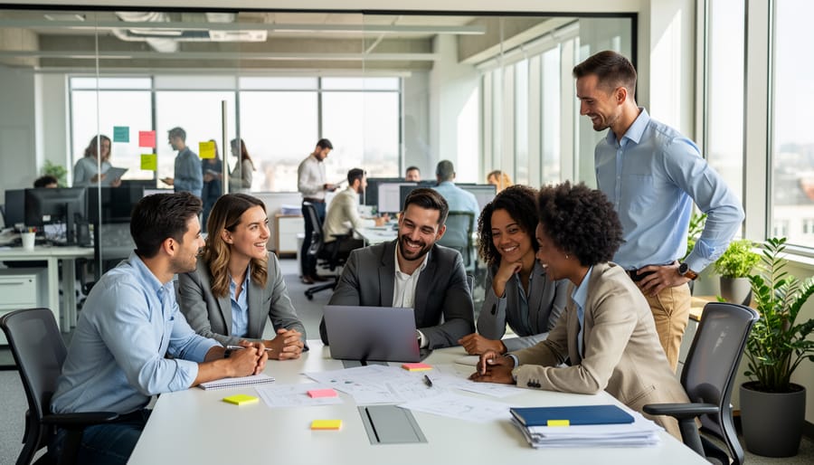 Coworkers collaborating in a Canadian office break area