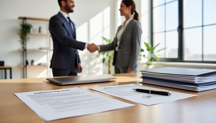 Close-up of hands signing employment paperwork at a desk in a modern office