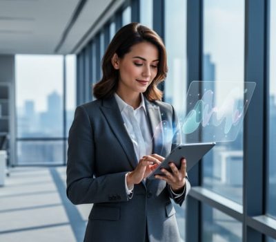 An HR professional holding a tablet in a modern office, representing analysis of employment trends for workforce stability.