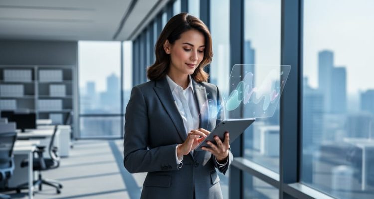 An HR professional holding a tablet in a modern office, representing analysis of employment trends for workforce stability.