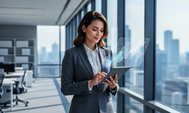 An HR professional holding a tablet in a modern office, representing analysis of employment trends for workforce stability.