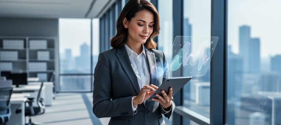 An HR professional holding a tablet in a modern office, representing analysis of employment trends for workforce stability.