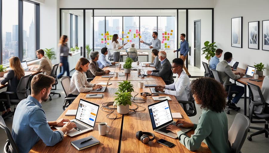 Freelancers working in a bright coworking space with multiple desks and modern lighting
