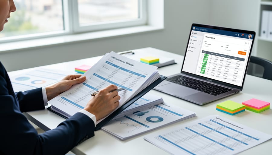Close view of a person holding employee records and a pen in an office, symbolizing accurate HR reporting