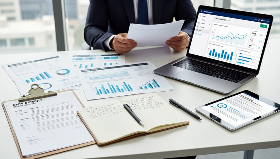 HR professional’s hands organizing employment-related documents next to a laptop on a desk.