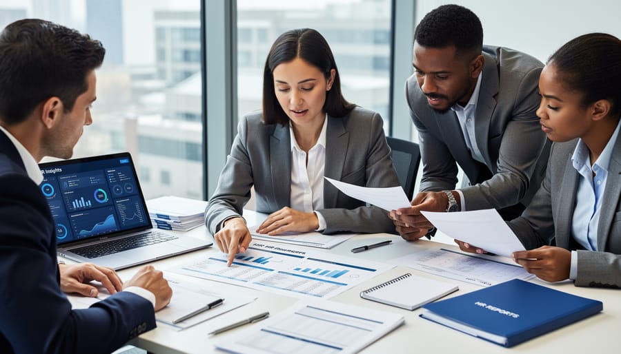 Diverse HR team reviewing employee documents around a desk in a modern office