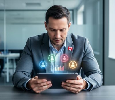 HR professional reviewing workforce reporting insights on a tablet in a modern Canadian office with a clean, strategic atmosphere.