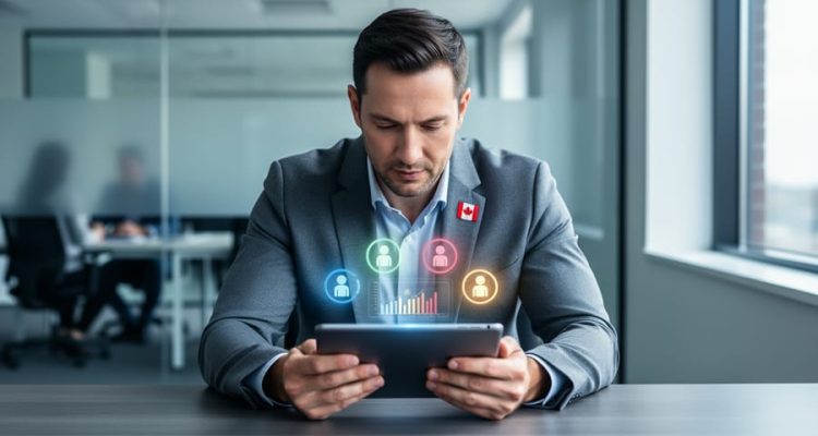 HR professional reviewing workforce reporting insights on a tablet in a modern Canadian office with a clean, strategic atmosphere.