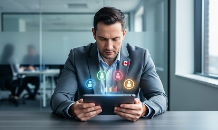 HR professional reviewing workforce reporting insights on a tablet in a modern Canadian office with a clean, strategic atmosphere.