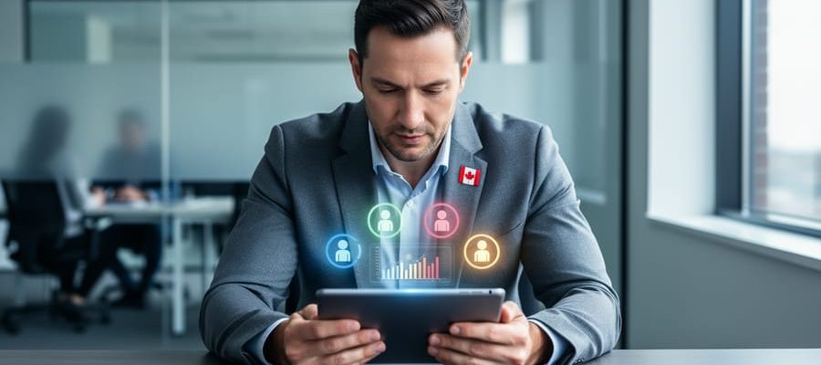 HR professional reviewing workforce reporting insights on a tablet in a modern Canadian office with a clean, strategic atmosphere.
