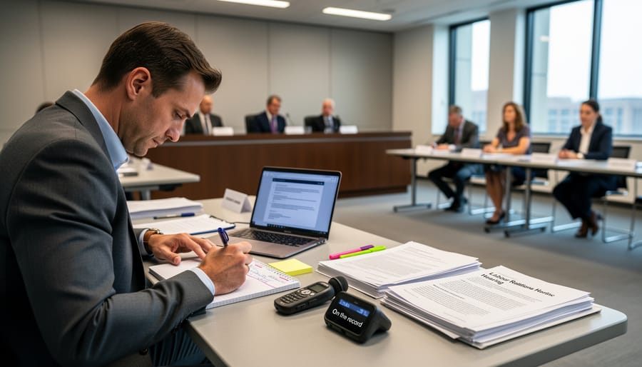 Journalist taking notes at a labour relations hearing with a microphone in front.