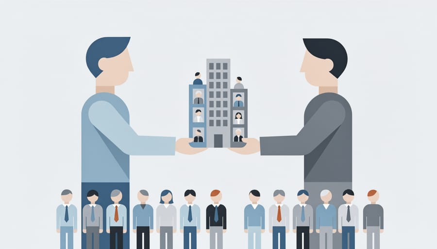Hands exchanging an office folder and keys in a corporate setting