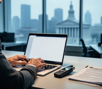 A labour journalist in a newsroom with a laptop, audio recorder, and workplace-related reporting tools preparing to cover labour relations stories