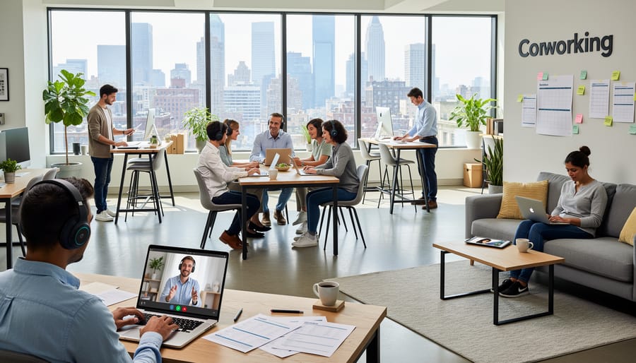 Diverse employees in a modern office break area using laptops while others work in person.