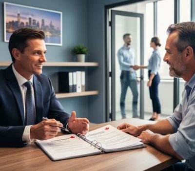 HR professional reviewing employment contracts at a small-business office with an implied handshake between business parties.