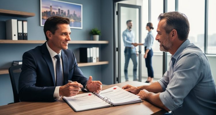 HR professional reviewing employment contracts at a small-business office with an implied handshake between business parties.