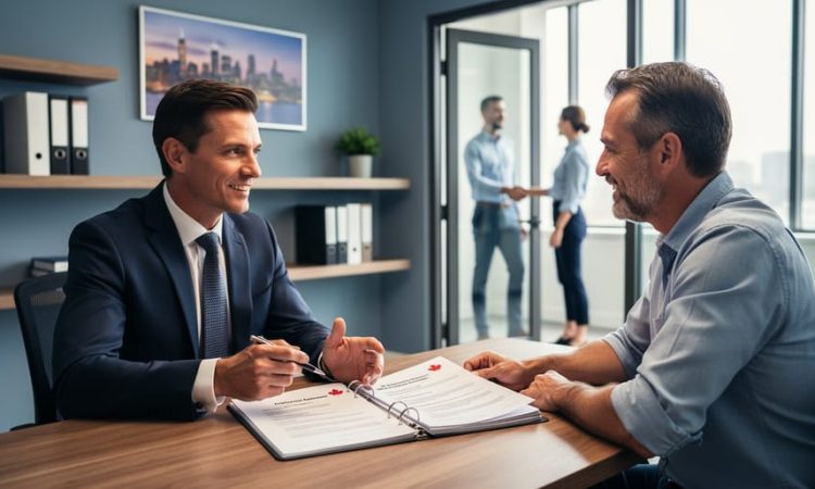 HR professional reviewing employment contracts at a small-business office with an implied handshake between business parties.