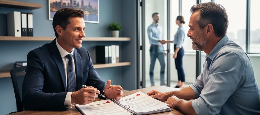 HR professional reviewing employment contracts at a small-business office with an implied handshake between business parties.