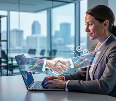 Canadian HR professional reviewing freelance engagement on a laptop in a modern office, with visuals suggesting compliant, verified collaboration.