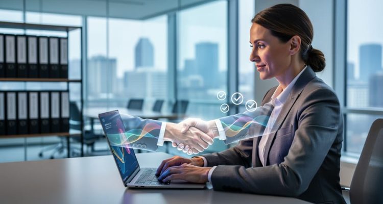 Canadian HR professional reviewing freelance engagement on a laptop in a modern office, with visuals suggesting compliant, verified collaboration.