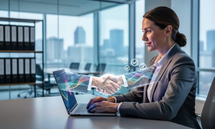 Canadian HR professional reviewing freelance engagement on a laptop in a modern office, with visuals suggesting compliant, verified collaboration.