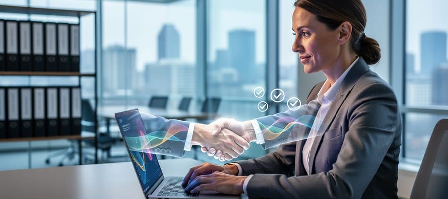 Canadian HR professional reviewing freelance engagement on a laptop in a modern office, with visuals suggesting compliant, verified collaboration.